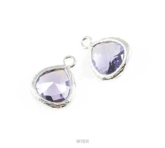 Amethyst Faceted Glass Charm in Rhodium, Framed Drop Glass Bead / GTZRH-003-P (Small)