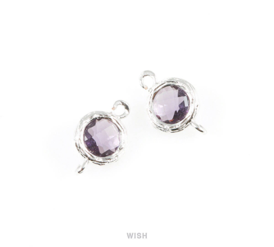 Amethyst faceted Glass Connector in Rhodium, Framed Round Glass Bead / GTZRH-015-P