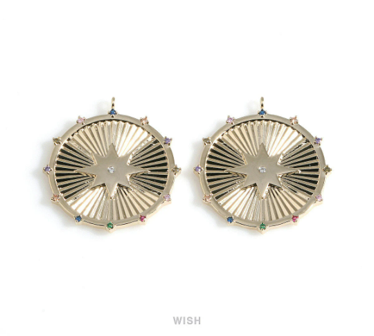 Large Gold Star Shine Disc with Multi Color Birthstones, Star Coin Charm / MG-429-P2