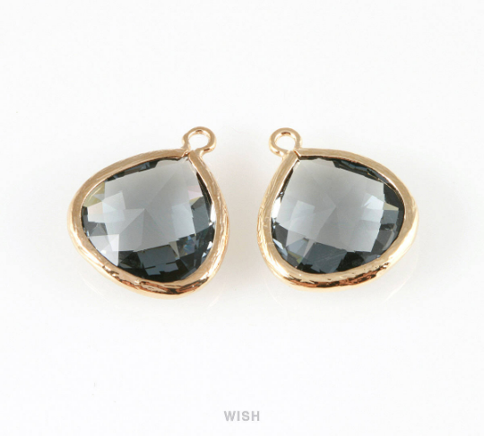 Charcoal Faceted Glass Charm in Gold, Framed Drop Glass Bead /  GCCG-001-P (Large)