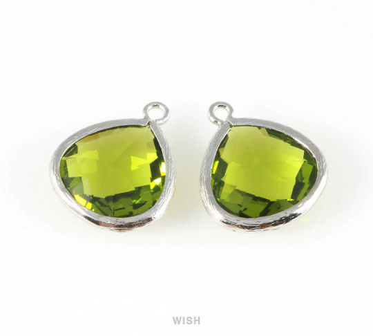 Dark Apple Faceted Glass Charm in Rhodium, Framed Drop Glass Bead / GDARH-001-P (Large)