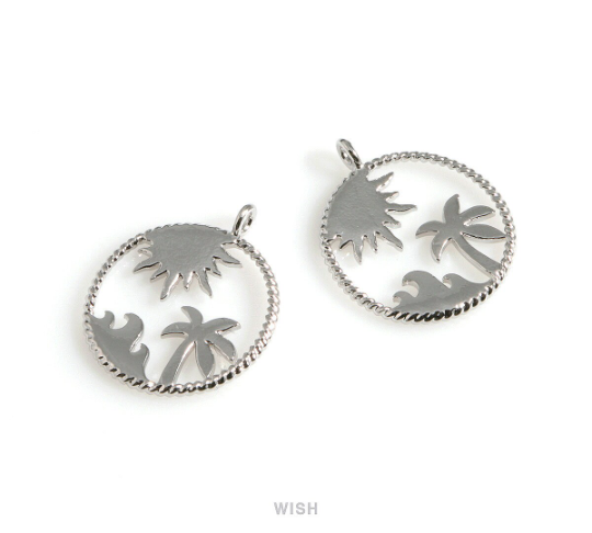 Tropical Circle Pendants in Rhodium, Tropical Jewelry Charm / MRH-505-P