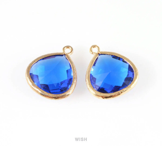 Cobalt Blue Faceted Glass Charm in Gold, Framed Drop Glass Bead / GCTG-001-P (Large)