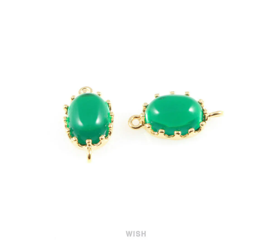 Emerald Oval Glass Connectors in Gold, Framed Glass Gem / GEMG-020-P