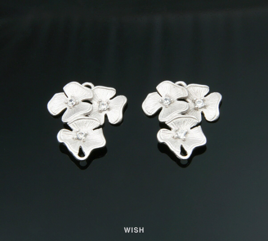 Three Flower Pendant in Matte Rhodium with Three Cubic Zirconia, CZ Triple Flower Charm / MMRH-301-P