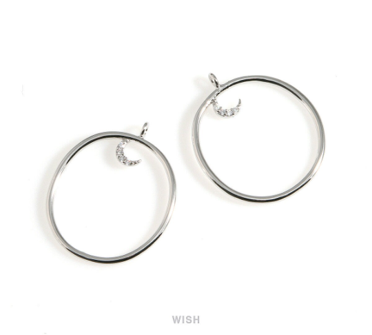 Cubic Crescent in Circle Pendants in Rhodium, CZ Crescent in Circle Charms / MRH-603-P