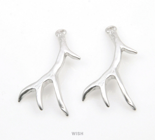 Deer Antler Pendant in Matte Rhodium, Antler Charm / MMRH-328-P