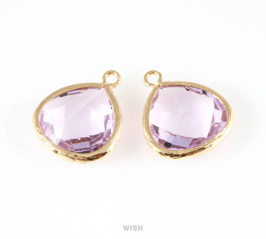 Light Amethyst Faceted Glass Charm in Gold, Framed Drop Glass Bead / GLDG-001-P (Large)