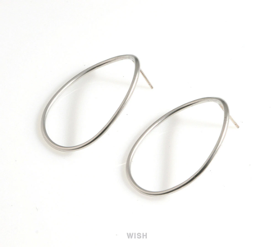 Open Bent Circle Stud Earrings in Matte Rhodium, Open Oval Earrings / MMRH-637-E