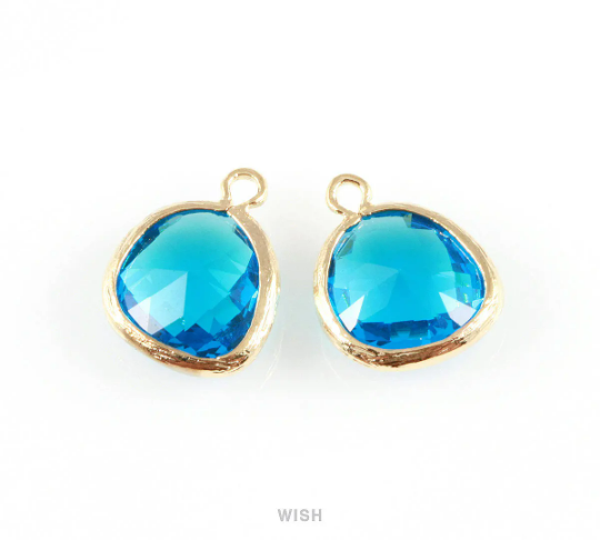 Capri Blue Faceted Glass Charm in Gold, Framed Drop Glass Gem / GCBG-004-P (Medium)