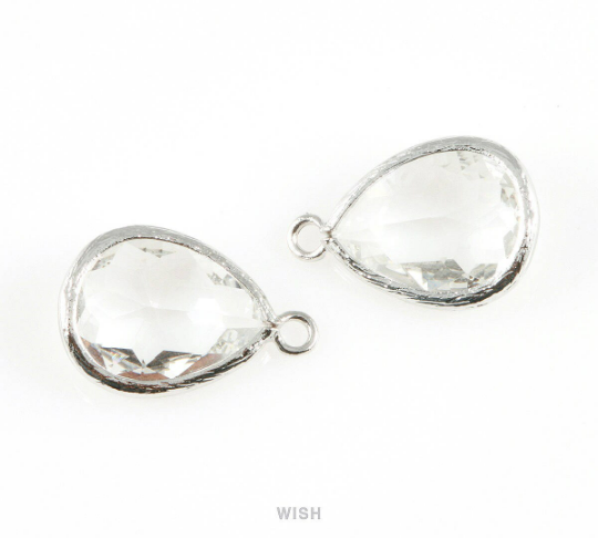 Clear Teardrop Glass Charm in Rhodium, Framed Drop Glass Gem / GCLRH-005-P