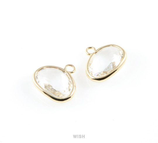 Clear Oval Glass Charm in Gold, Glass Framed Pendant / GCLG-039-P