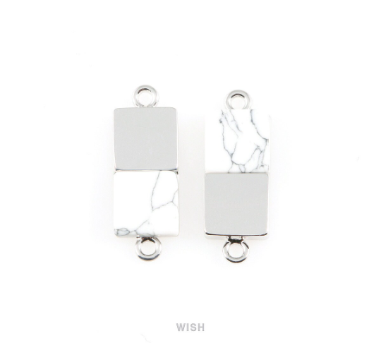 Howlite Rectangle Stone Charm in Rhodium, Gemstone Framed Pendant / SHTRH-055-P