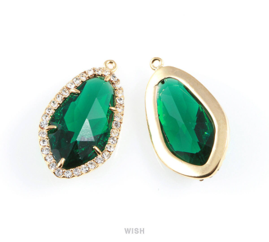 Briolette Emerald Glass with Rheinstone in Gold, Framed Pendant / GEMG-043-P (1 piece)