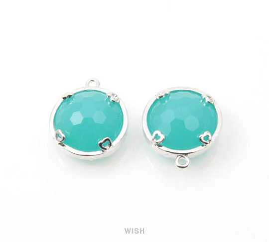 Mint Faceted Glass Charms in Rhodium, Framed Round Pendant /GMTRH-090-P (Small)