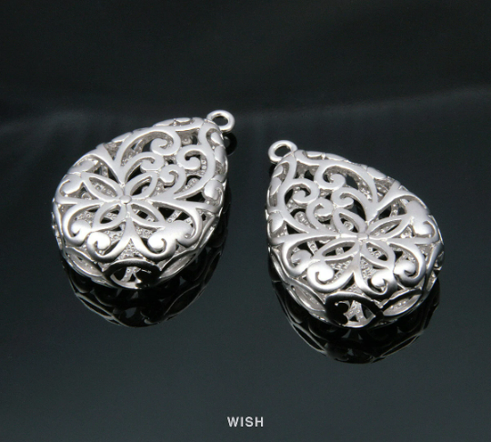 Flower in Teardrop Pendants in Matte Rhodium, Floral Teardrop Charms /MMRH-126-P