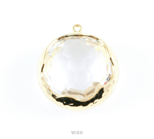 1piece Clear Faceted Glass Charms in Gold, Framed Round Pendant / GCLG-011-P