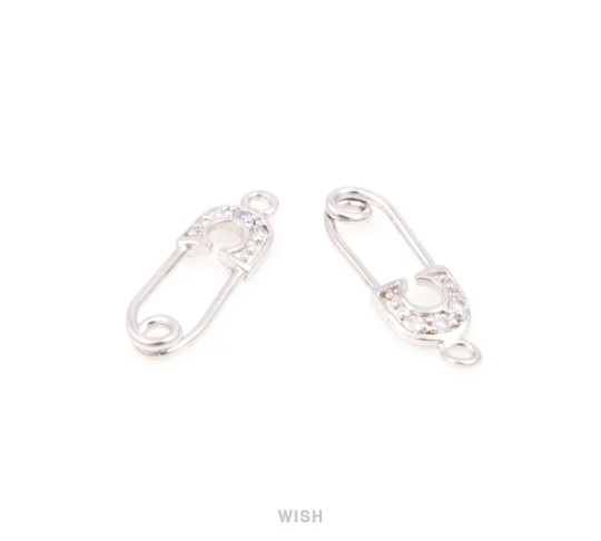 Safety Pin in Rhodium with 3 Cubic Zirconia, Safety Pin Charms / MRH-084-P