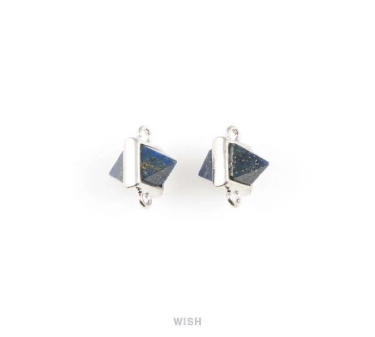 Lapis Lazuli Pyramid Stone Charm in Rhodium, Gemstone Framed Pendant / SLLRH-050-P