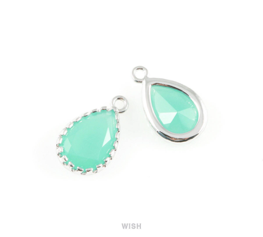 Mint Teardrop Glass Charm in Rhodium, Framed Drop Glass Gem / GMTRH-017-P