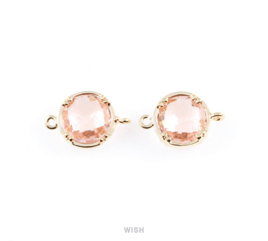 Peach Round Glass Connectors in Gold, Framed Glass Gem / GPCG-018-P (Medium)