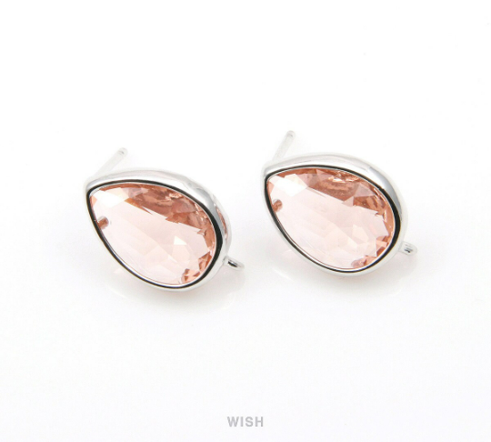 Peach Teardrop Glass stud Earrings in Rhodium, Gem Ear Studs/ GPCRH-099-E