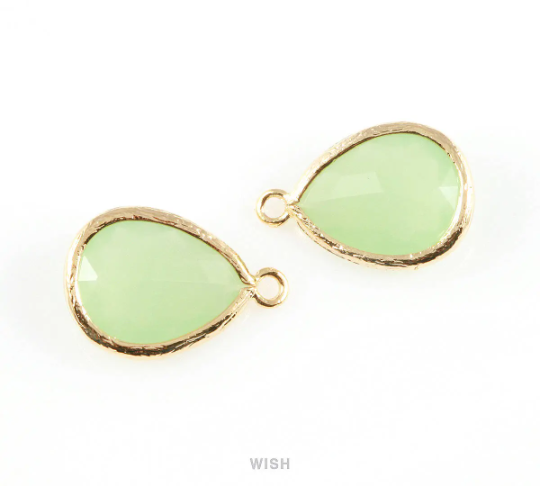 Light Mint Teardrop Glass Charm in Gold, Framed Drop Glass Gem / GLMG-005-P