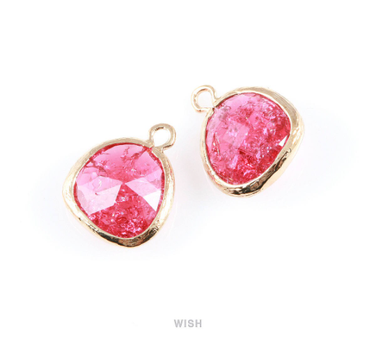 Ruby Sparkle Glass Charm in Gold, Framed Drop Glass Bead / GRBG-013-P