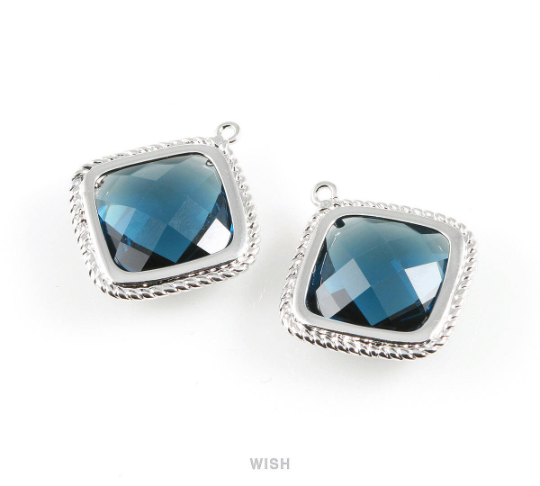 Montana Blue Diamond Shape Pendants in Rhodium, Framed Diamond Charms / GMBRH-032-P