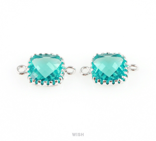 Blue Zircon Faceted Glass Connector in Rhodium, Framed Square Connector / GBZRH-007-P