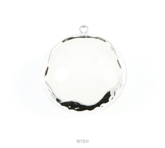 1 piece of White Alabaster Faceted Glass Charms in Rhodium, Framed Round Pendant / GWARH-011-P