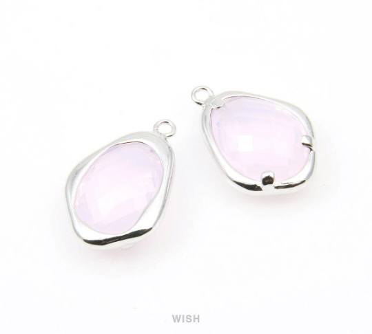 Violet Opal Faceted Glass Charms in Rhodium, Framed Teardrop Pendant / GVORH-085-P