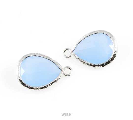 Ice Blue Teardrop Glass Charm in Rhodium, Framed Drop Glass Gem / GIBRH-005-P