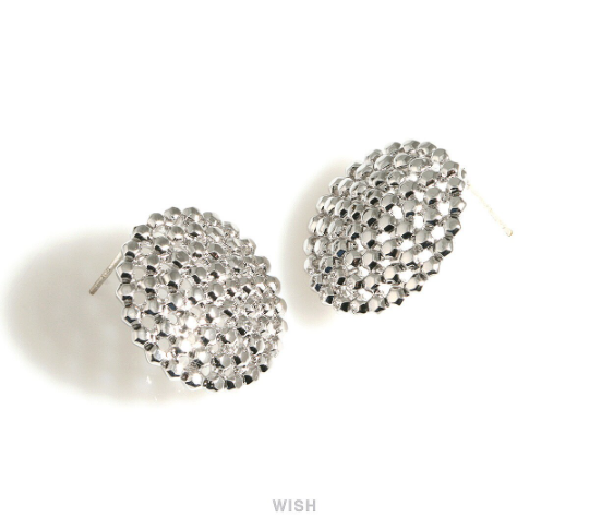 Dot Circle Stud Earrings in Rhodium, Round Stud Earrings / MRH-700-E