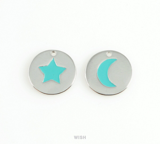 Turquoise Star Disc Pendants in Rhodium, Mint Star Charm /MRH-406-P