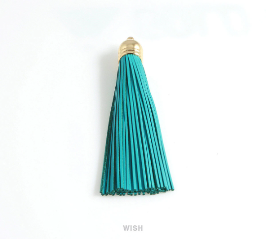 Blue Leather Tassel with Bell Cap in Gold, Blue Cowhide Tassel / LBUG-006-T (1 piece)