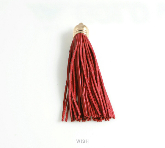 Red Leather Tassel with Bell Cap in Gold, Red Cowhide Tassel / LRDG-006-T (1 piece)