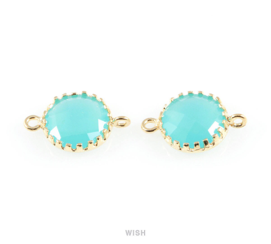 Ocean Blue Faceted Glass Connector in Gold, Framed Round Connector / GOBG-008-P