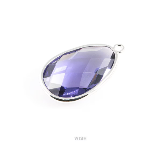 Amethyst Oval Glass Charm in Rhodium, Glass Framed Pendant / GTZRH-045-P