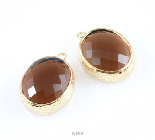 Smoky Quartz Faceted Glass Charms in Gold, Framed Oval Pendant / GSQG-009-P