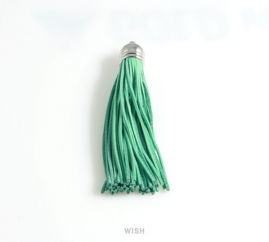 Mint Leather Tassel with Bell Cap in Rhodium, Mint Cowhide Tassel / LMTRH-006-T (1 piece)