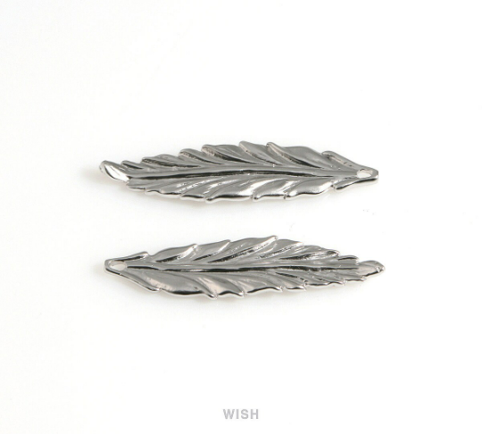 Small Feather Pendant in Matte Rhodium, Textured Feather Charm / MMRH-237-P2