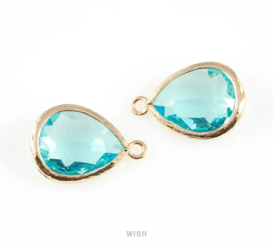 Aquamarine Teardrop Glass Charm in Gold, Framed Drop Glass Gem / GAQG-005-P