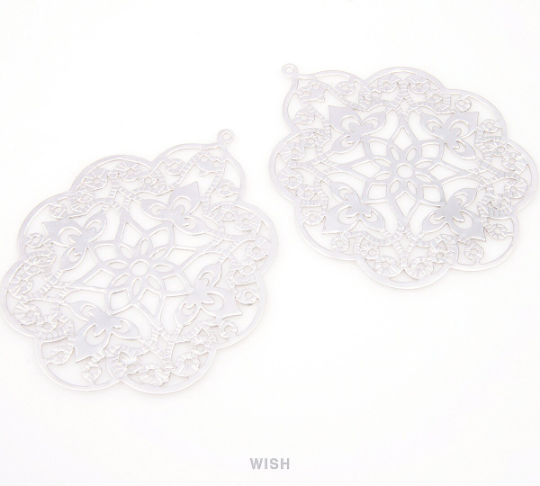Flat Floral Pattern Filigree Pendants in Rhodium, Flower Charms / MRH-061-P