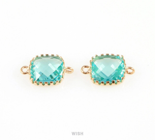 Aquamarine Faceted Glass Connector in Gold, Framed Square Connector/ GAQG-007-P