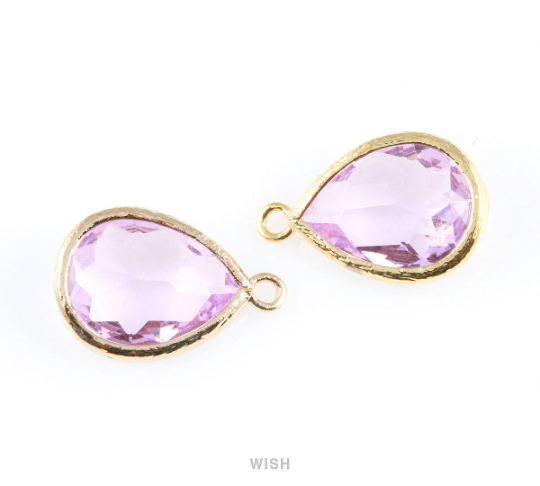 Light Amethyst Teardrop Glass Charm in Gold, Framed Drop Glass Gem /  GLDG-005-P