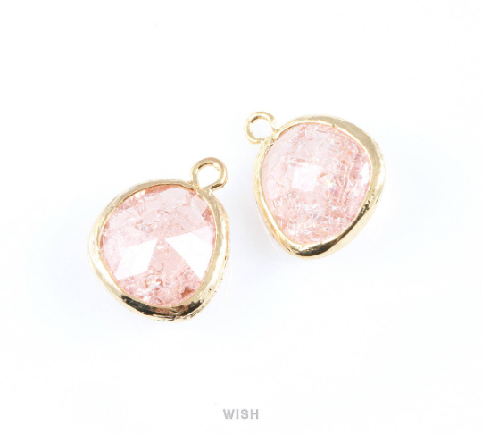 Peach Sparkle Glass Charm in Gold, Framed Drop Glass Bead / GPCG-013-P