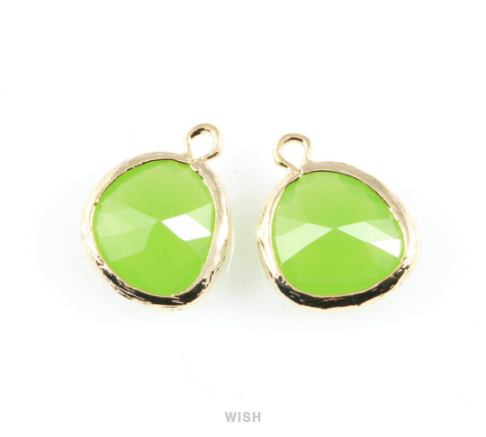 Peridot Faceted Glass Charm in Gold, Framed Drop Glass Gem / GPDG-004-P
