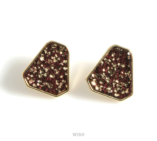 Six Angles Burgundy Fabric Drop with Gold Leaf Stud Earrings in Gold, Six Angles Drop Studs / MBGG-516-E