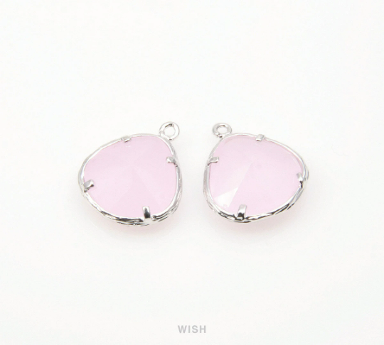 Rose Quartz Faceted Glass Drop Charm in Rhodium, Rose Quartz Charms/ GRQRH-036-P